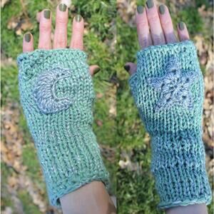 Organic Cotton Long Turquoise Metallic Fingerless Gloves- Moon & Star